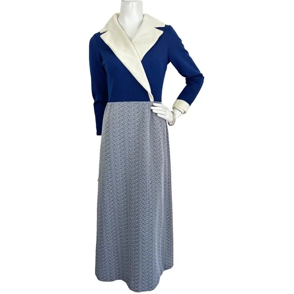 Vintage 70s Maxi Hostess Dress Collar Long Sleeve Talon Zip Blue Size Small - Picture 2 of 8